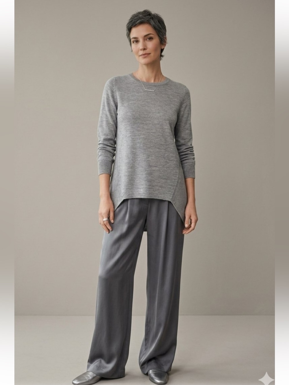 Neiman Marcus 100% Cashmere High-Low Tunic Sweater Gray Ribbed Knit Panels sizeM
